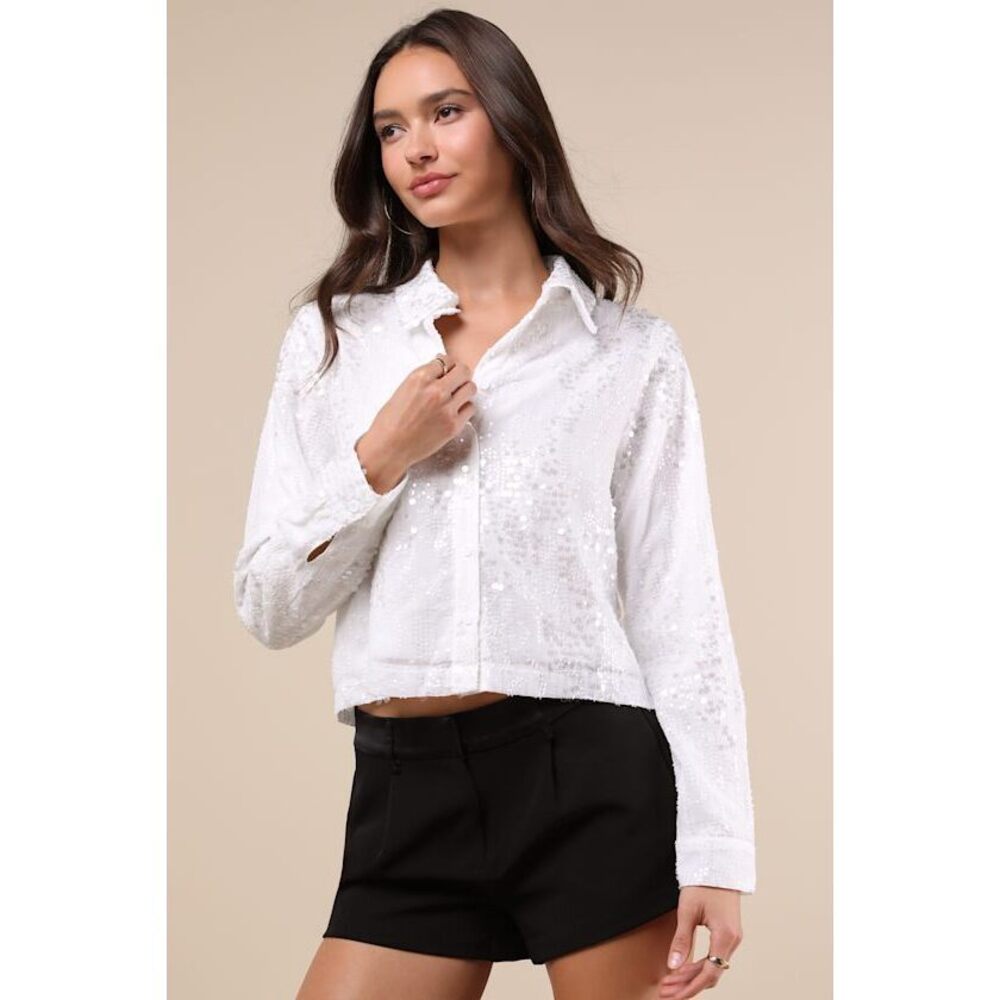Lulus Glowing Sophistication White Sequin Button-up Top - Size M
